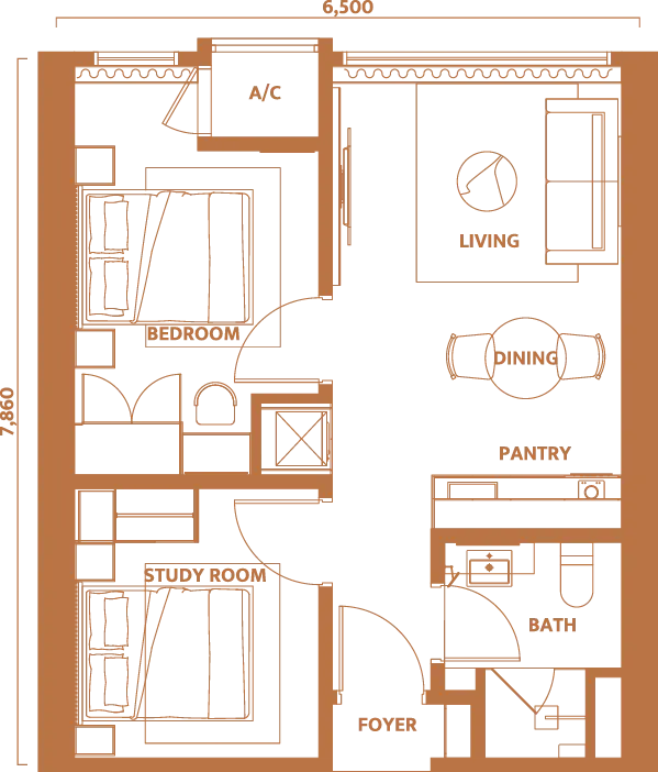 Dawn floor plan, Type B1, 550 sq ft