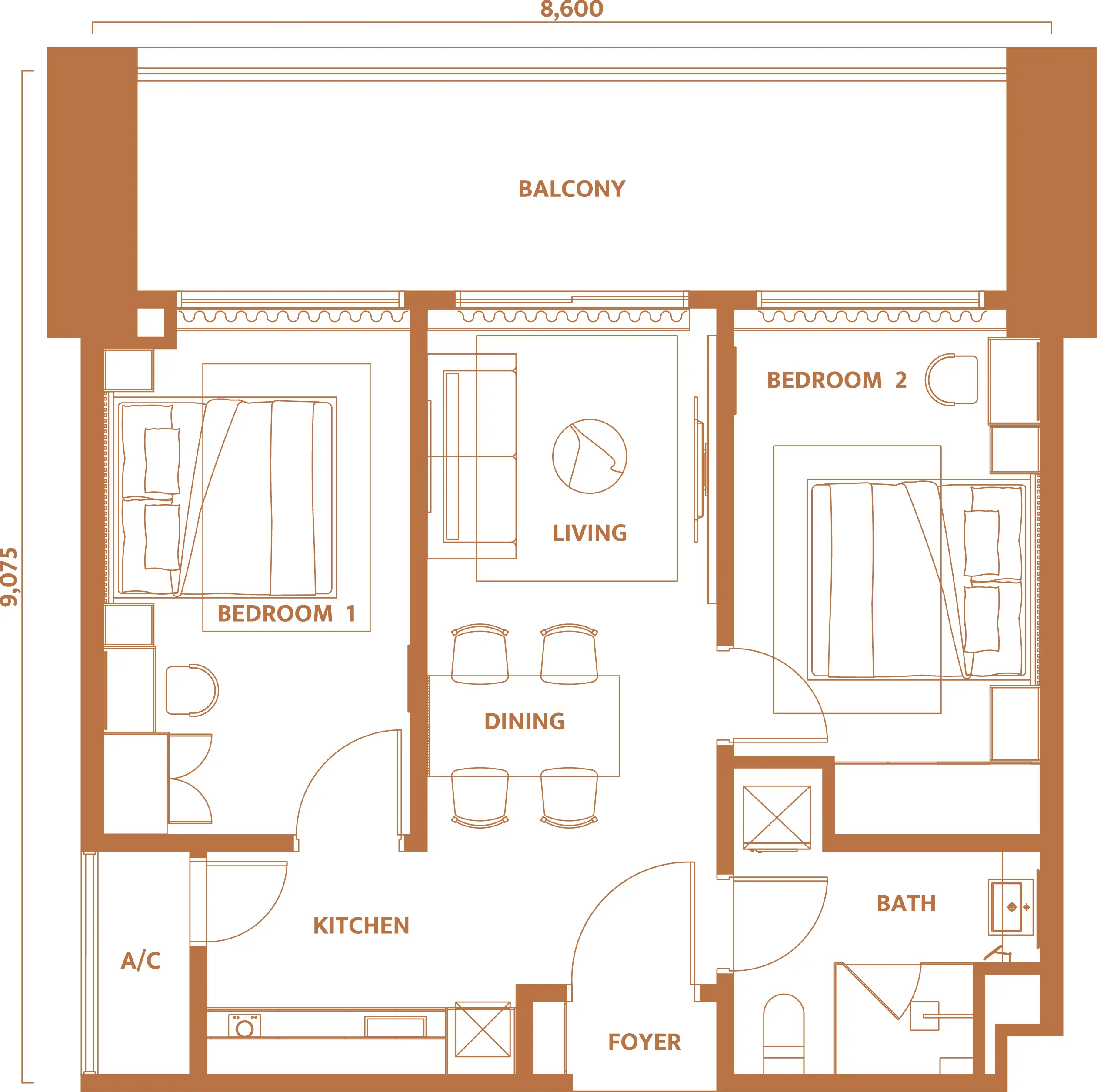 Dawn floor plan, Type C8, 833 sq ft