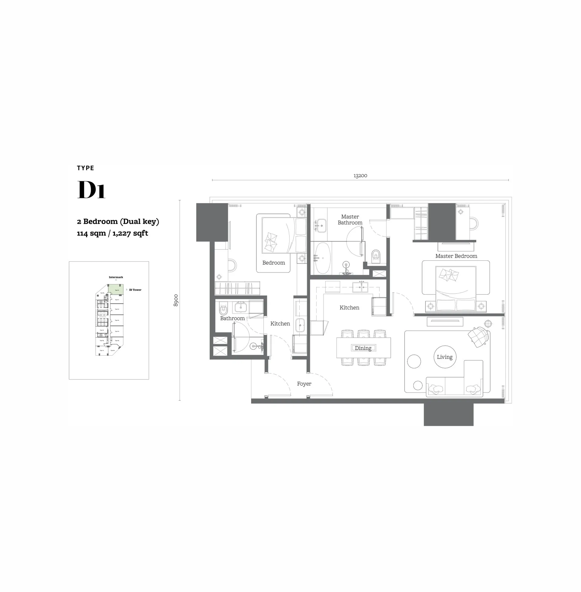 Oxley Tower 2 floor plan, Type D1, 1,227 sq ft
