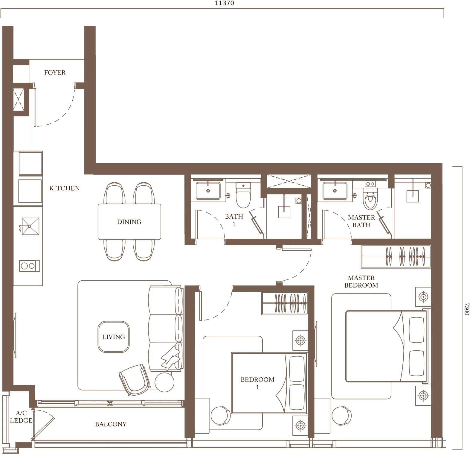 Pavilion Square floor plan, Type C1, 966 sq ft