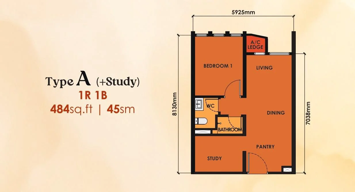 Phoeniz Suites floor plan, Type A, 484 sq ft