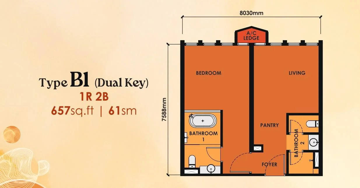 Phoeniz Suites floor plan, Type B1, 657 sq ft