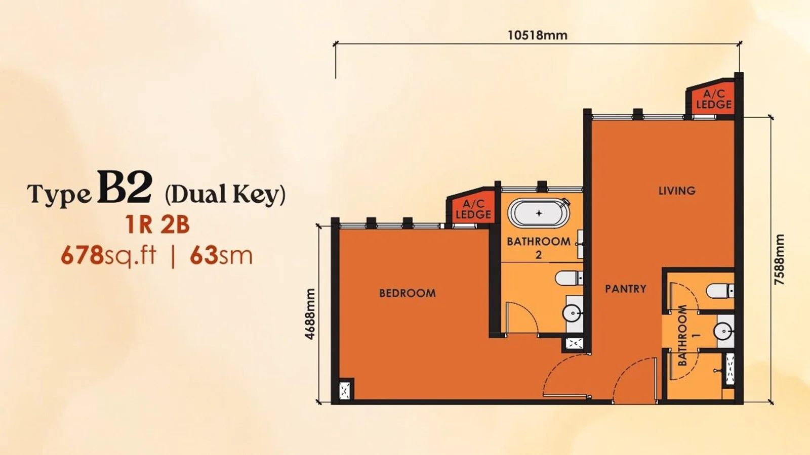 Phoeniz Suites floor plan, Type B2, 678 sq ft