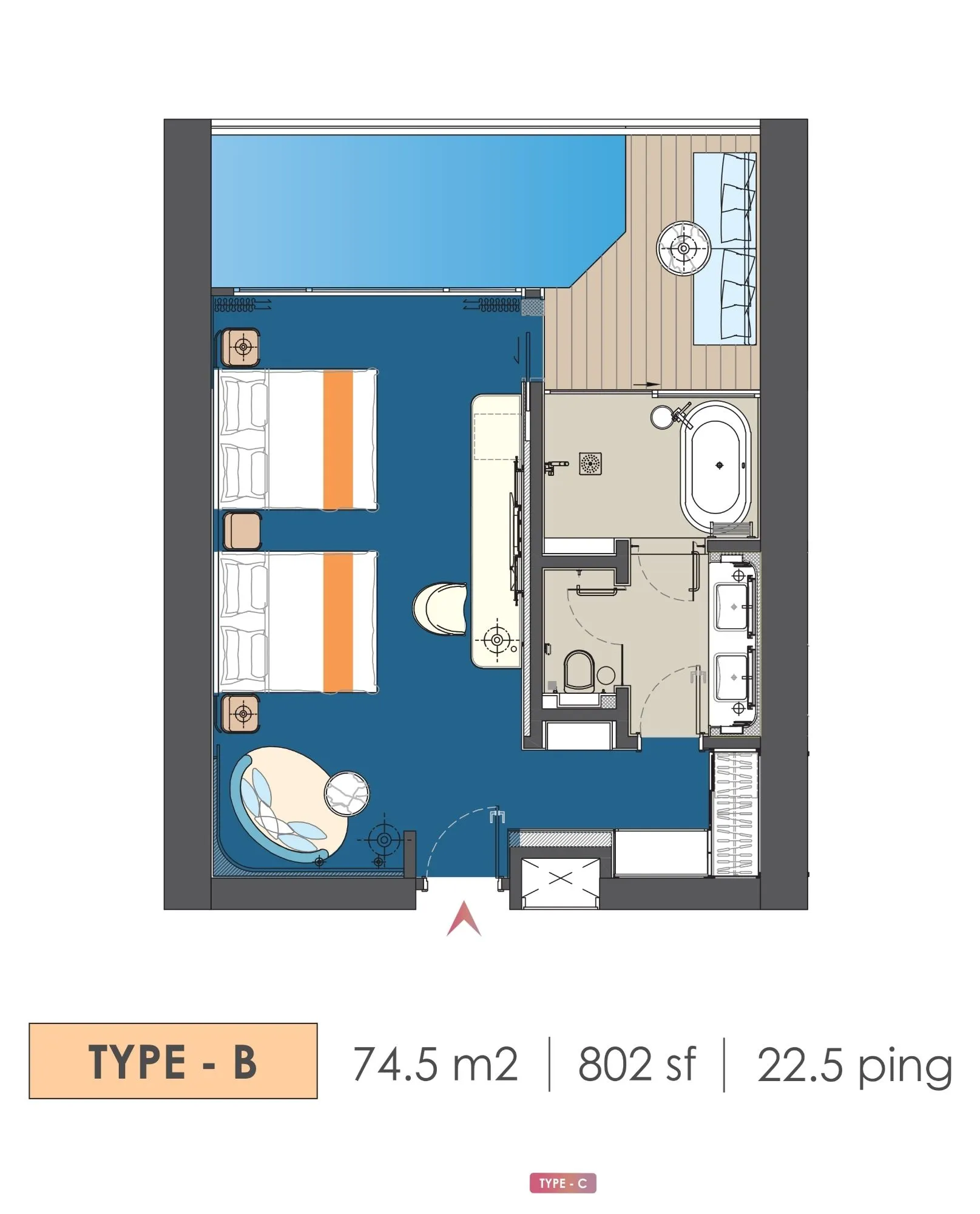 Royal Lexis floor plan, Type B, 802 sq ft