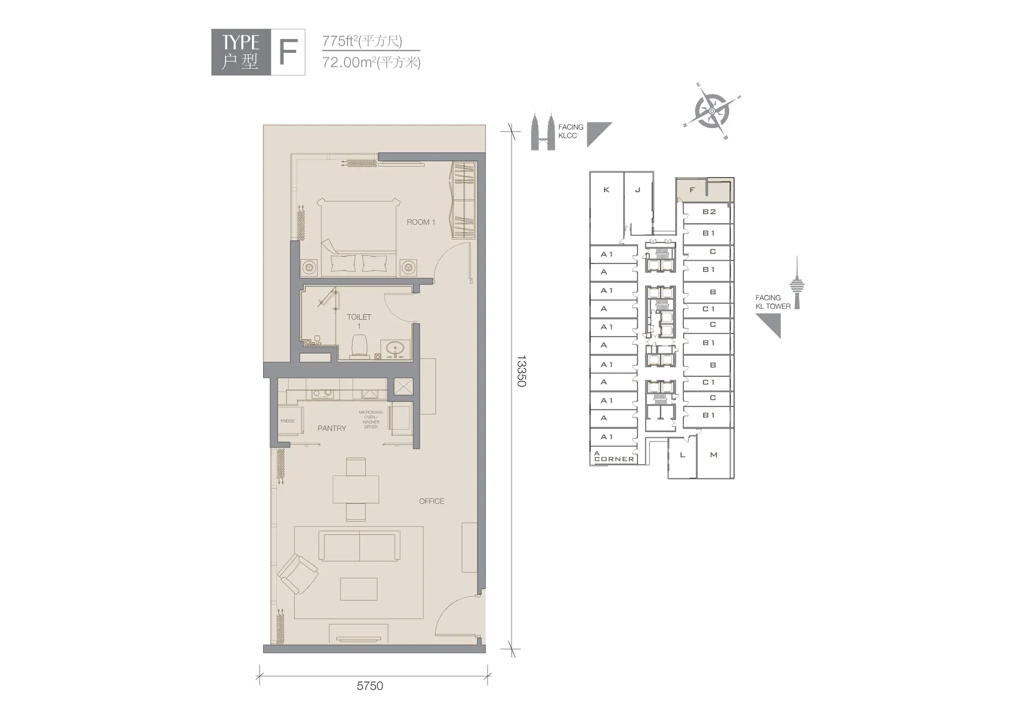 The Face 2 (Victory Suites) floor plan, Type F, 775 sq ft