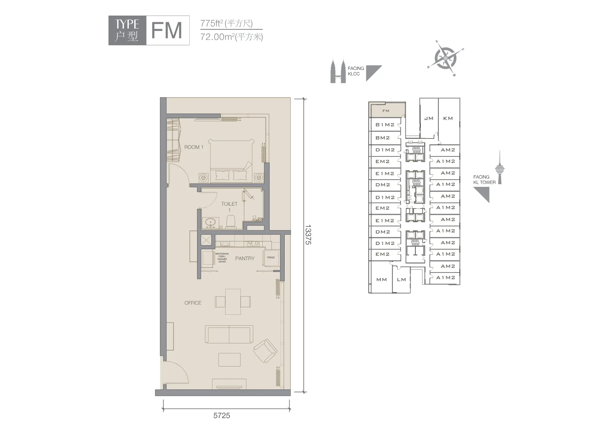 The Face 2 (Victory Suites) floor plan, Type FM, 775 sq ft