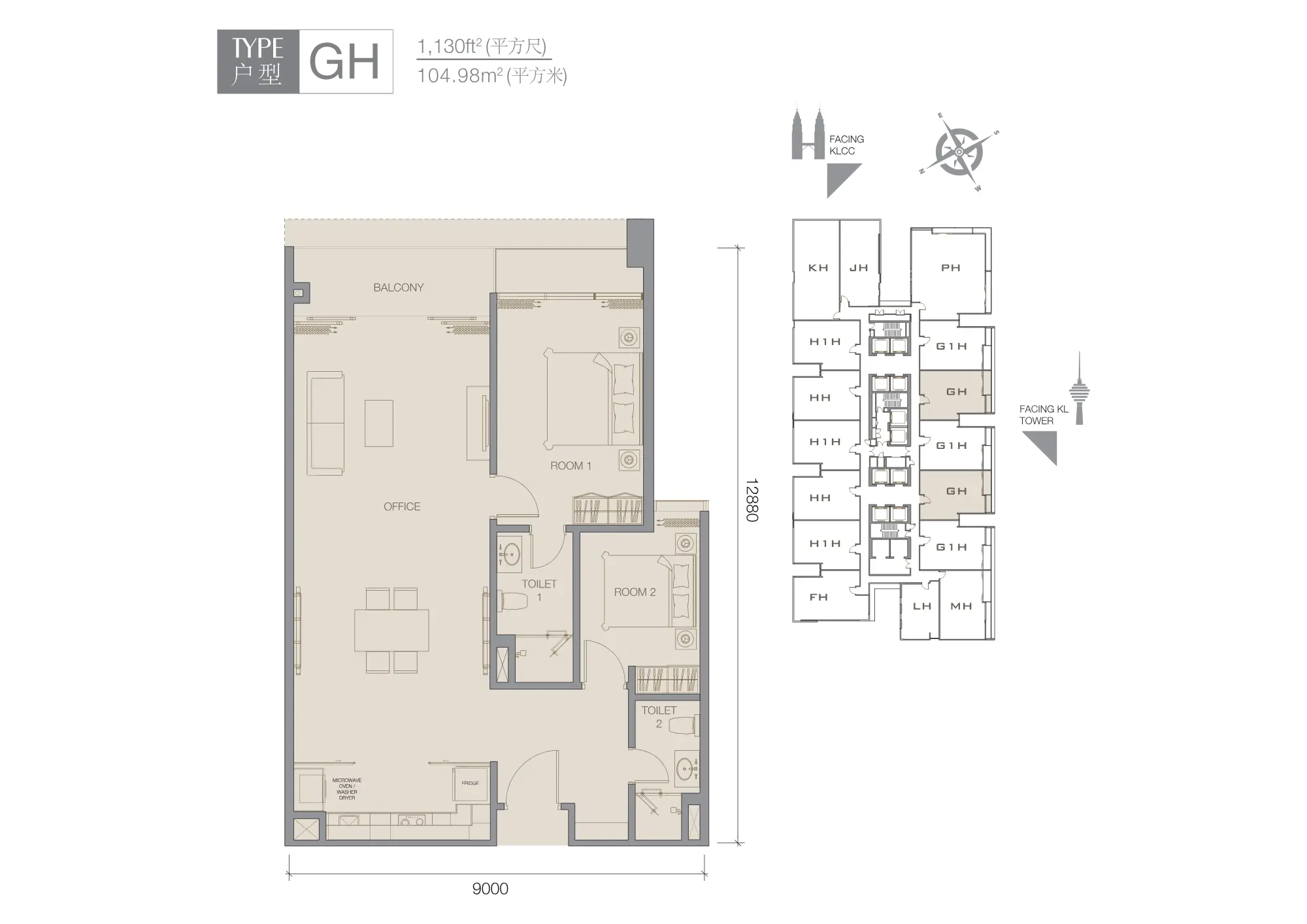 The Face 2 (Victory Suites) floor plan, Type GH, 1,130 sq ft