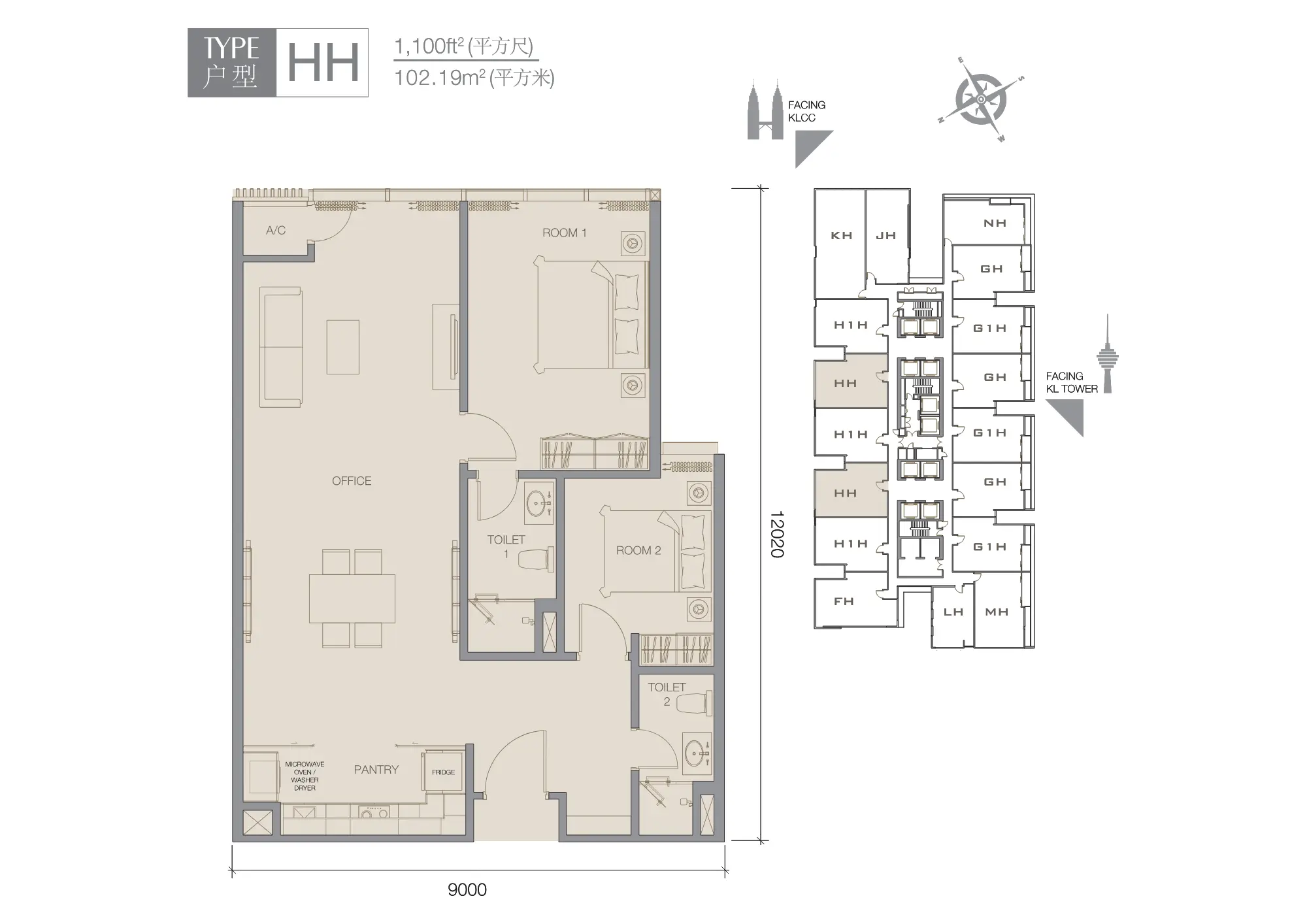 The Face 2 (Victory Suites) floor plan, Type HH, 1,100 sq ft