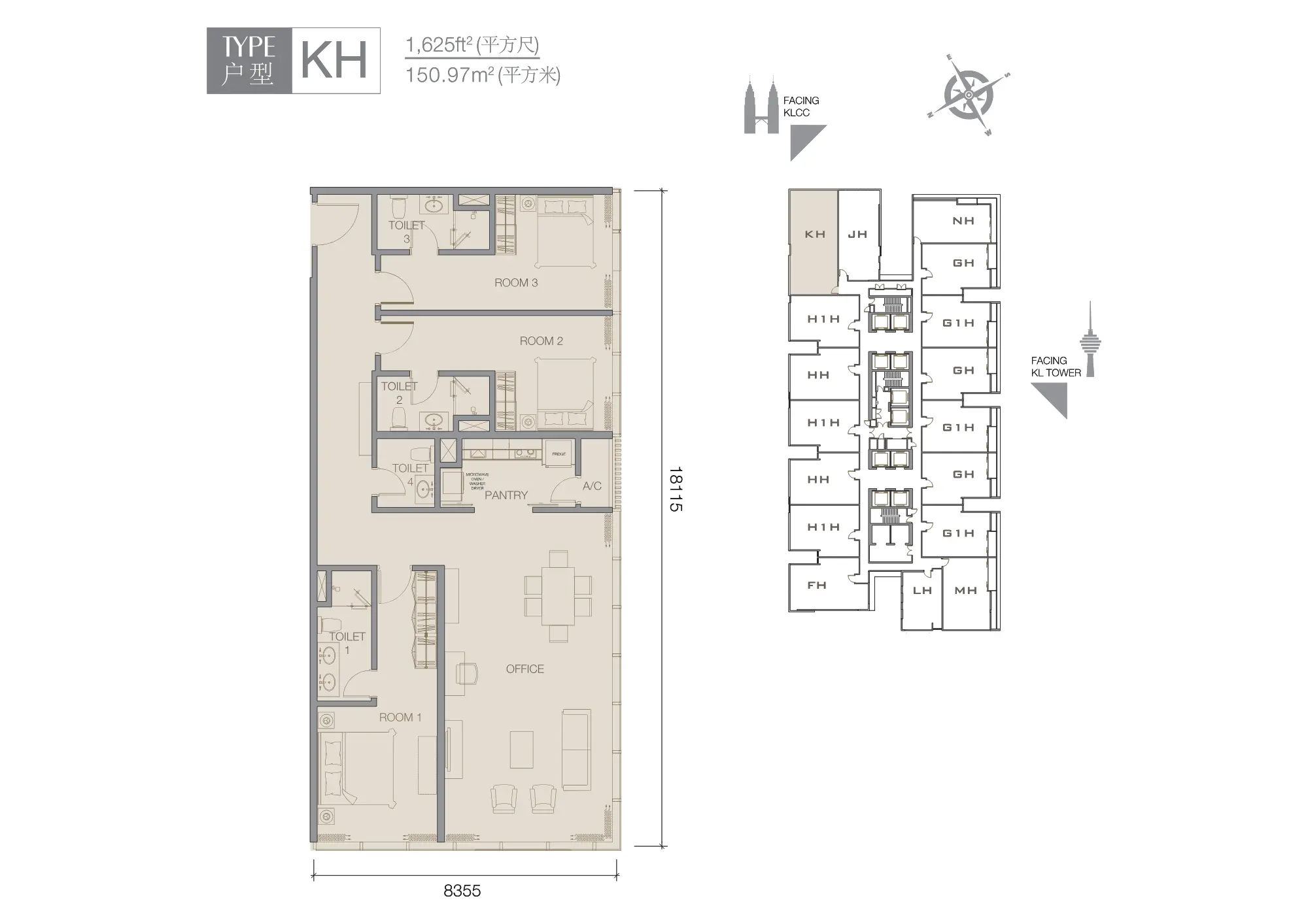 The Face 2 (Victory Suites) floor plan, Type KH, 1,625 sq ft
