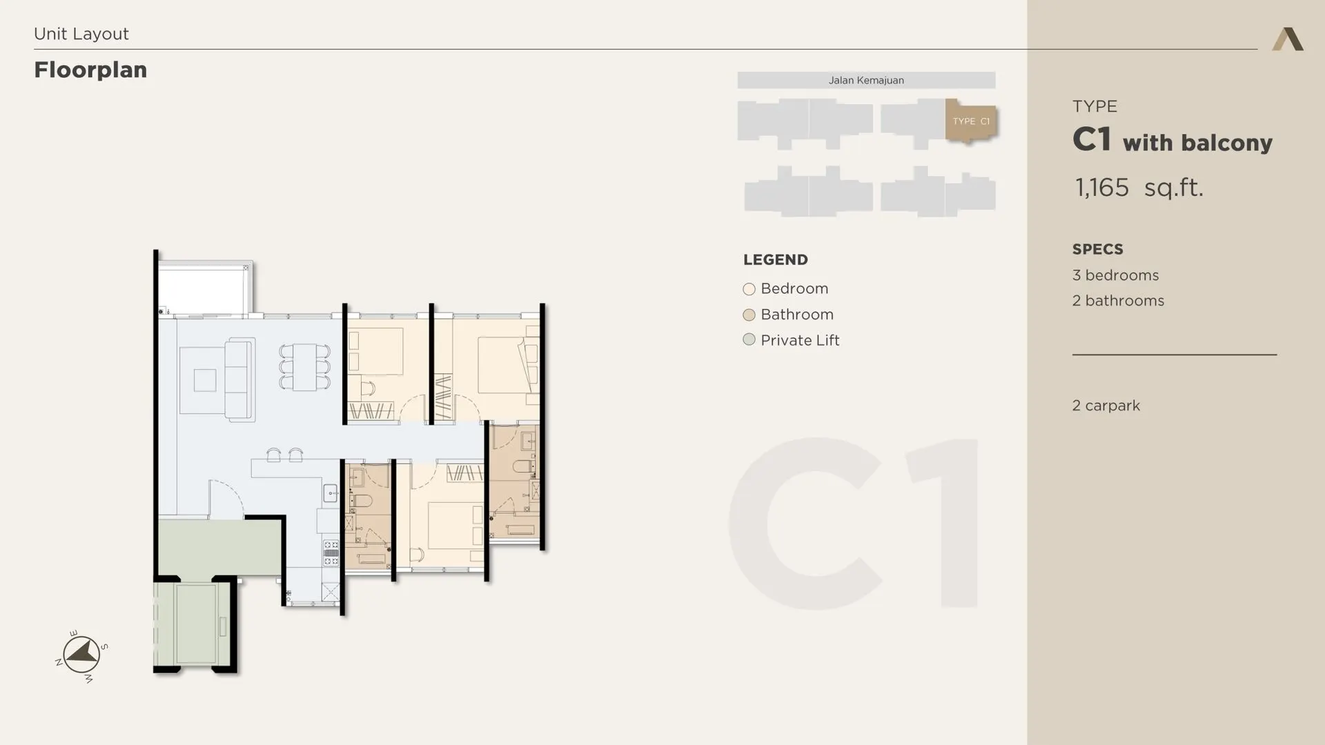 Accent Residences floor plan, Type C1, 1,165 sq ft
