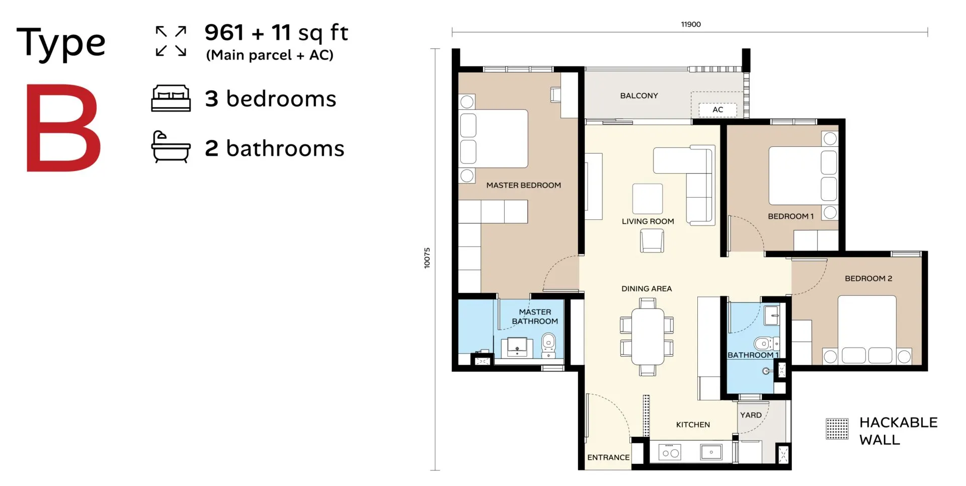 Ara Bloc Residences floor plan, Type B (Standard / Lanai / Garden), 961 sq ft