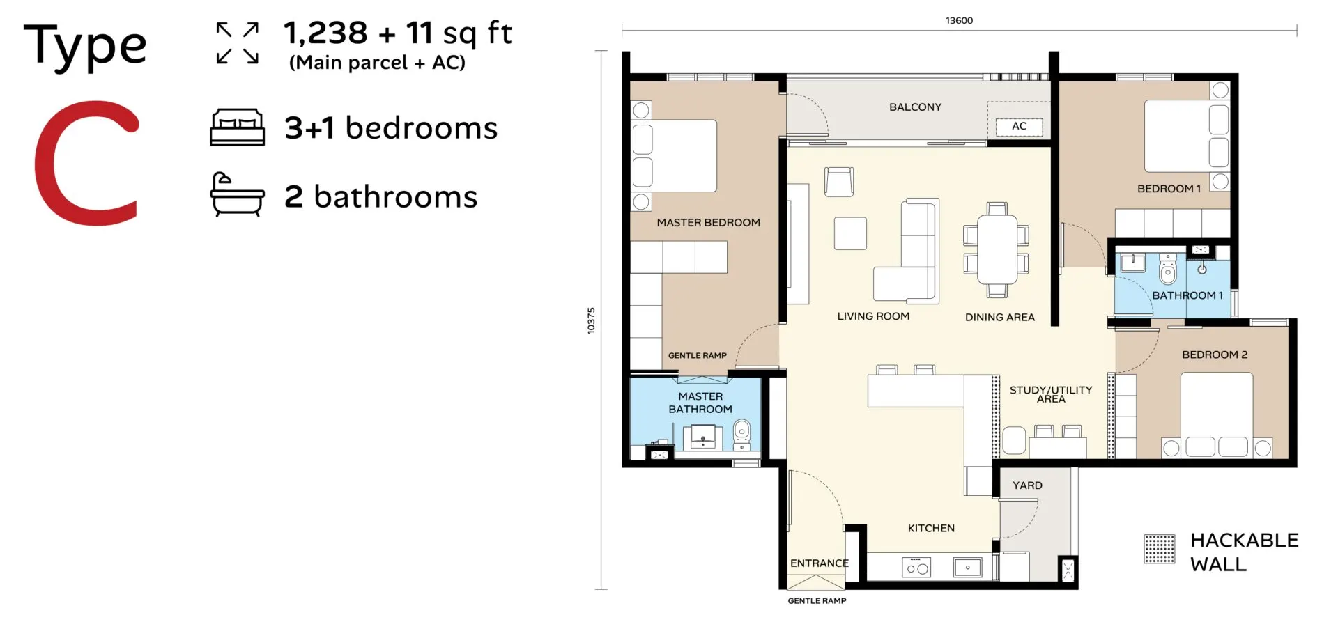 Ara Bloc Residences floor plan, Type C (Standard / Lanai / Garden), 1,238 sq ft