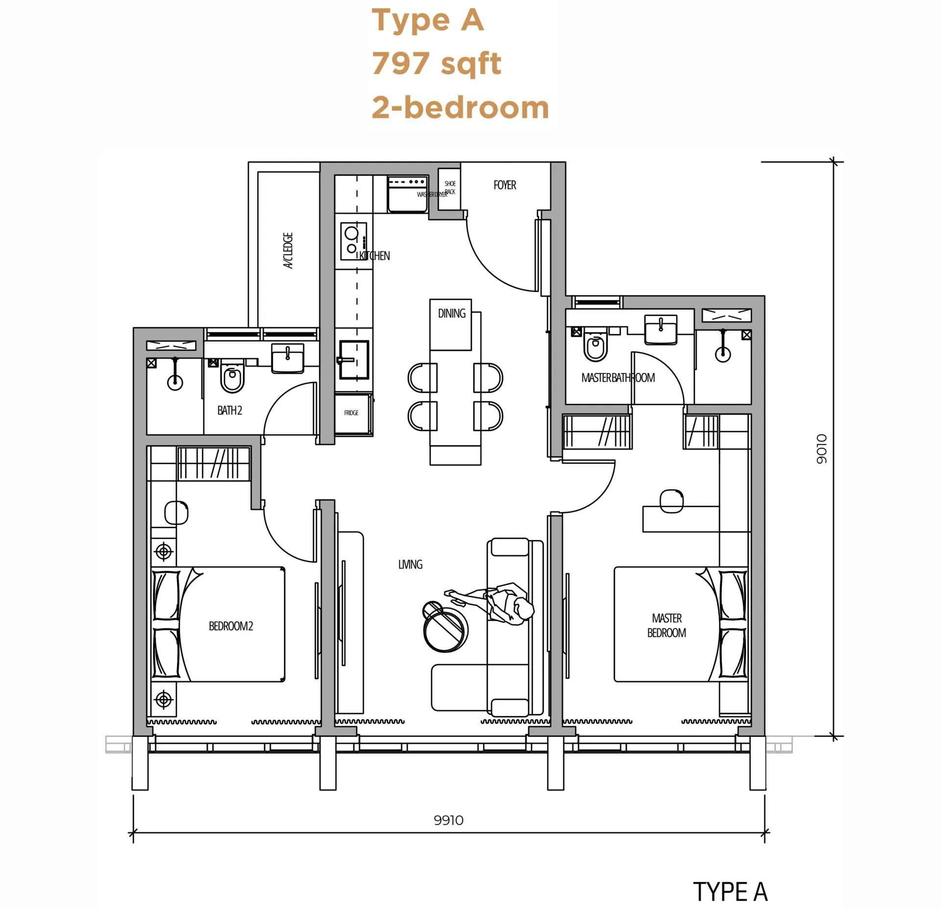 Arden Serviced Residence floor plan, Type A, 797 sq ft