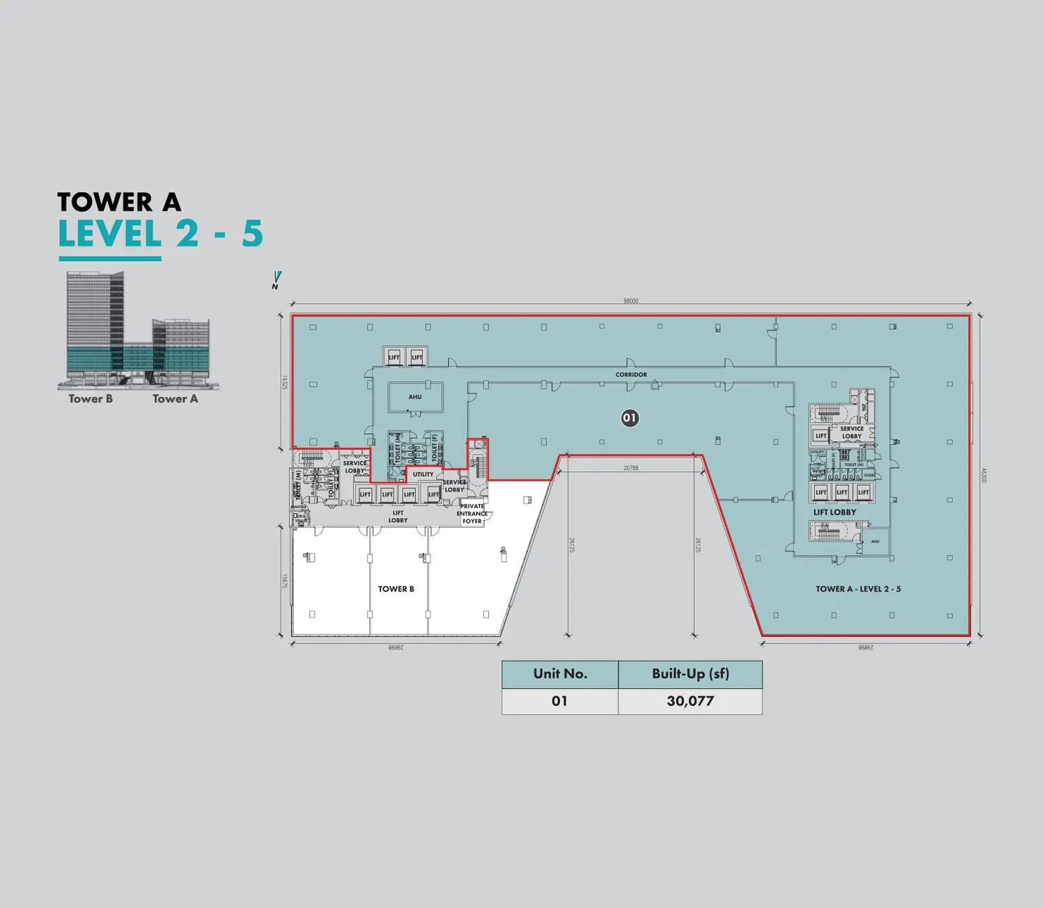 Atwater Corporate Office Towers floor plan, Type 01 (Tower A, L2-5), 30,077 sq ft