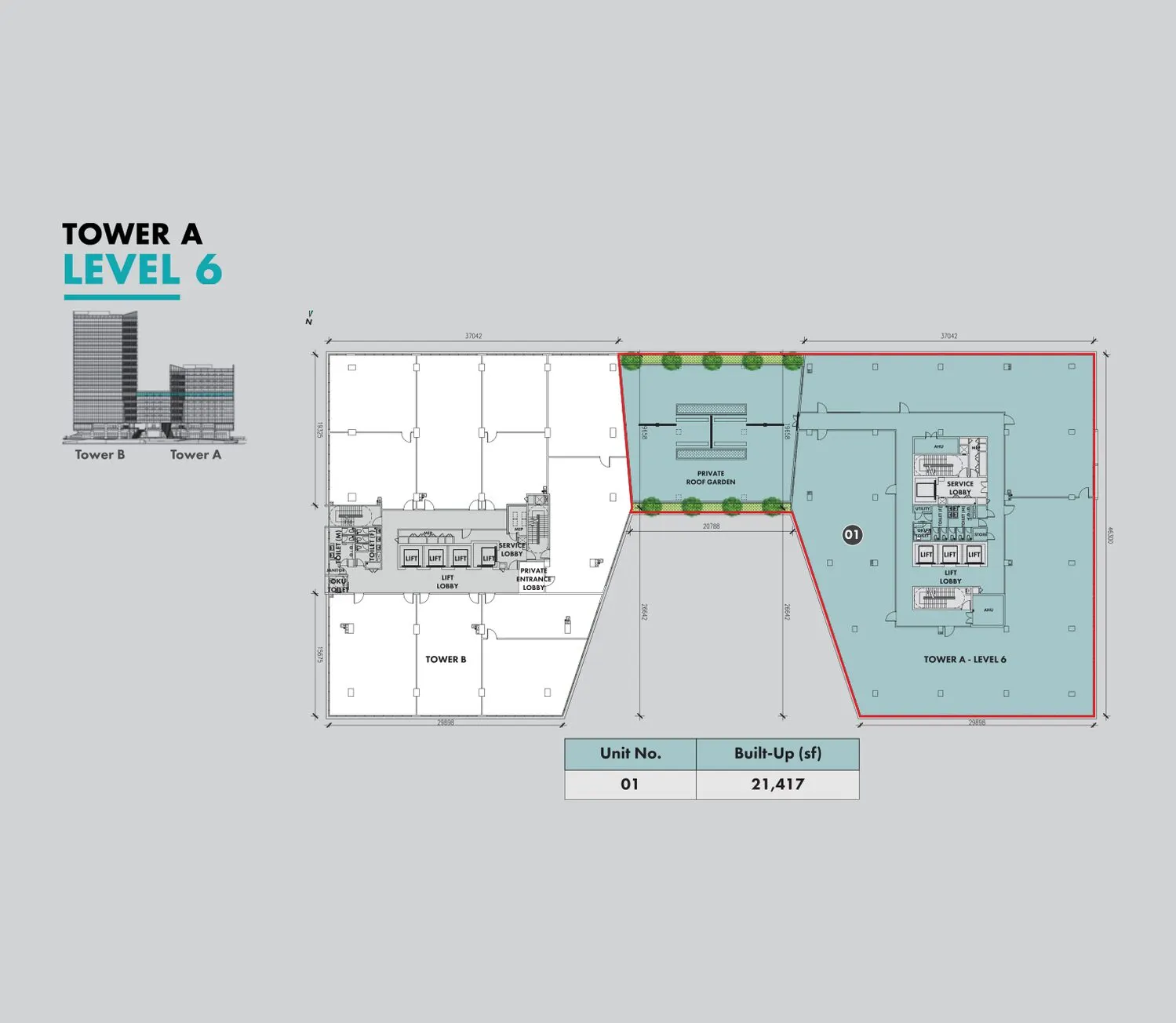 Atwater Corporate Office Towers floor plan, Type 01 (Tower A, L6), 21,417 sq ft