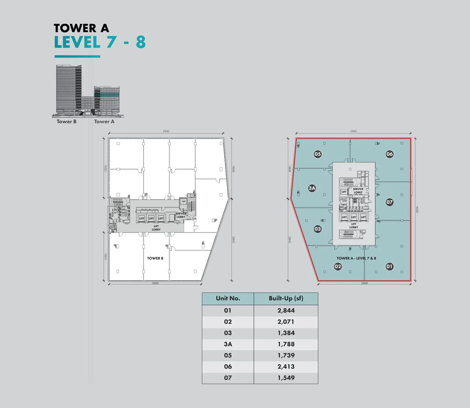 Atwater Corporate Office Towers floor plan, Type 01-07 (Tower A, L7-8), 1,384 sq ft