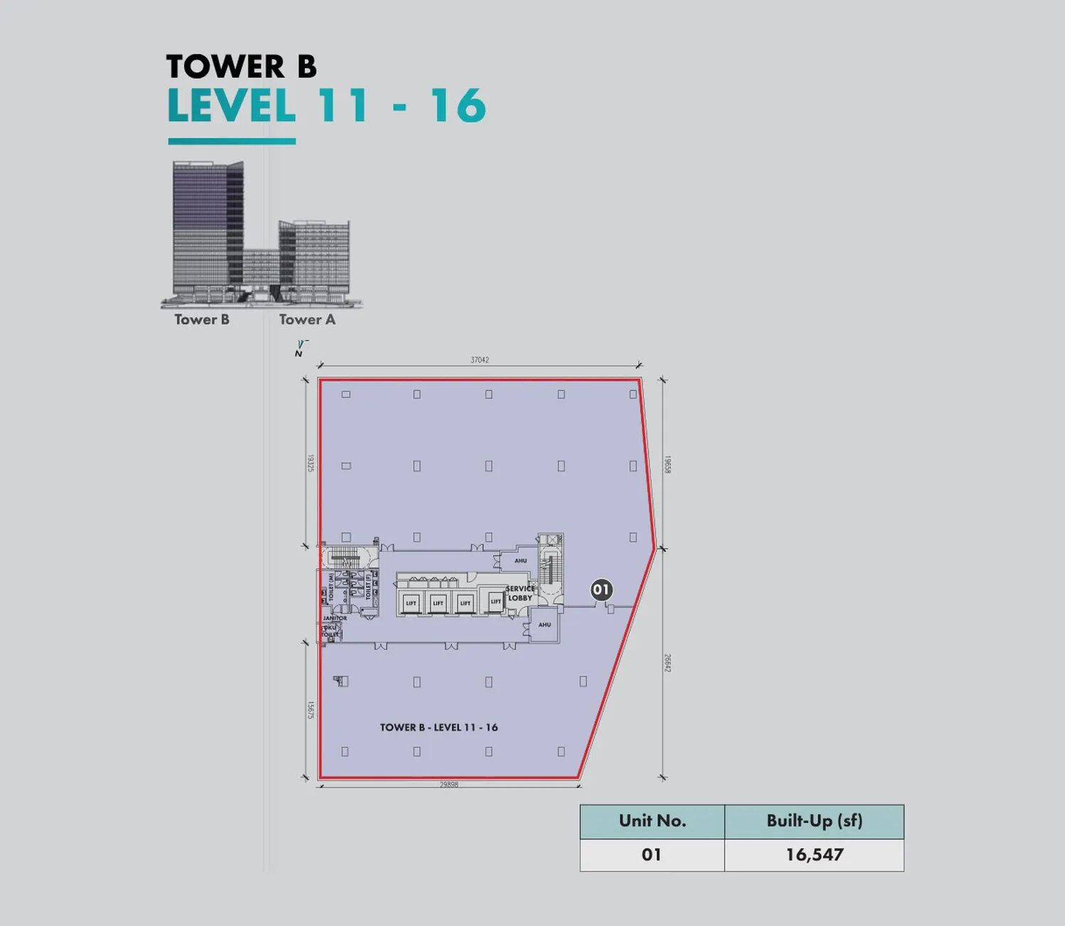Atwater Corporate Office Towers floor plan, Type 01 (Tower B, L11-16), 16,547 sq ft