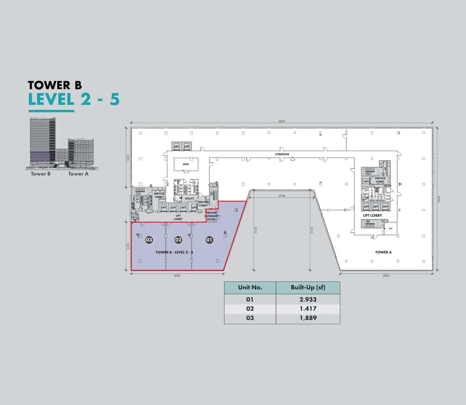 Atwater Corporate Office Towers floor plan, Type 01-03 (Tower B, L2-5), 1,417 sq ft