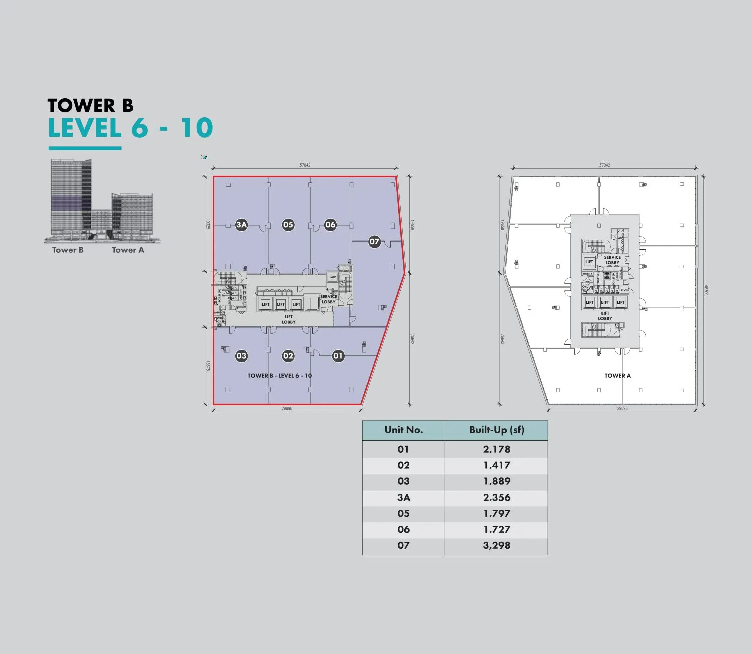 Atwater Corporate Office Towers floor plan, Type 01-07 (Tower B, L6-10), 1,417 sq ft