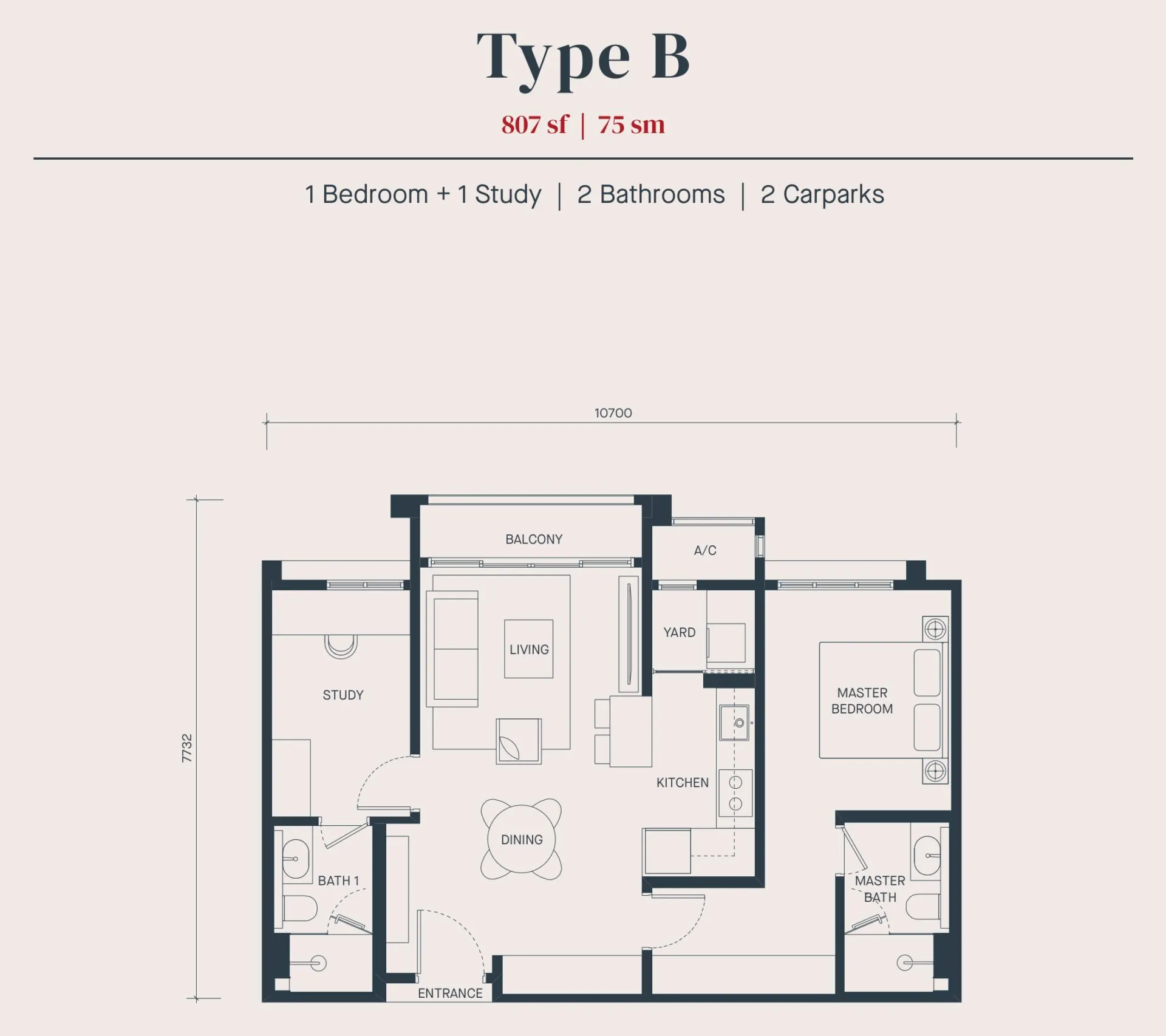 Avéa floor plan, Type B, 807 sq ft