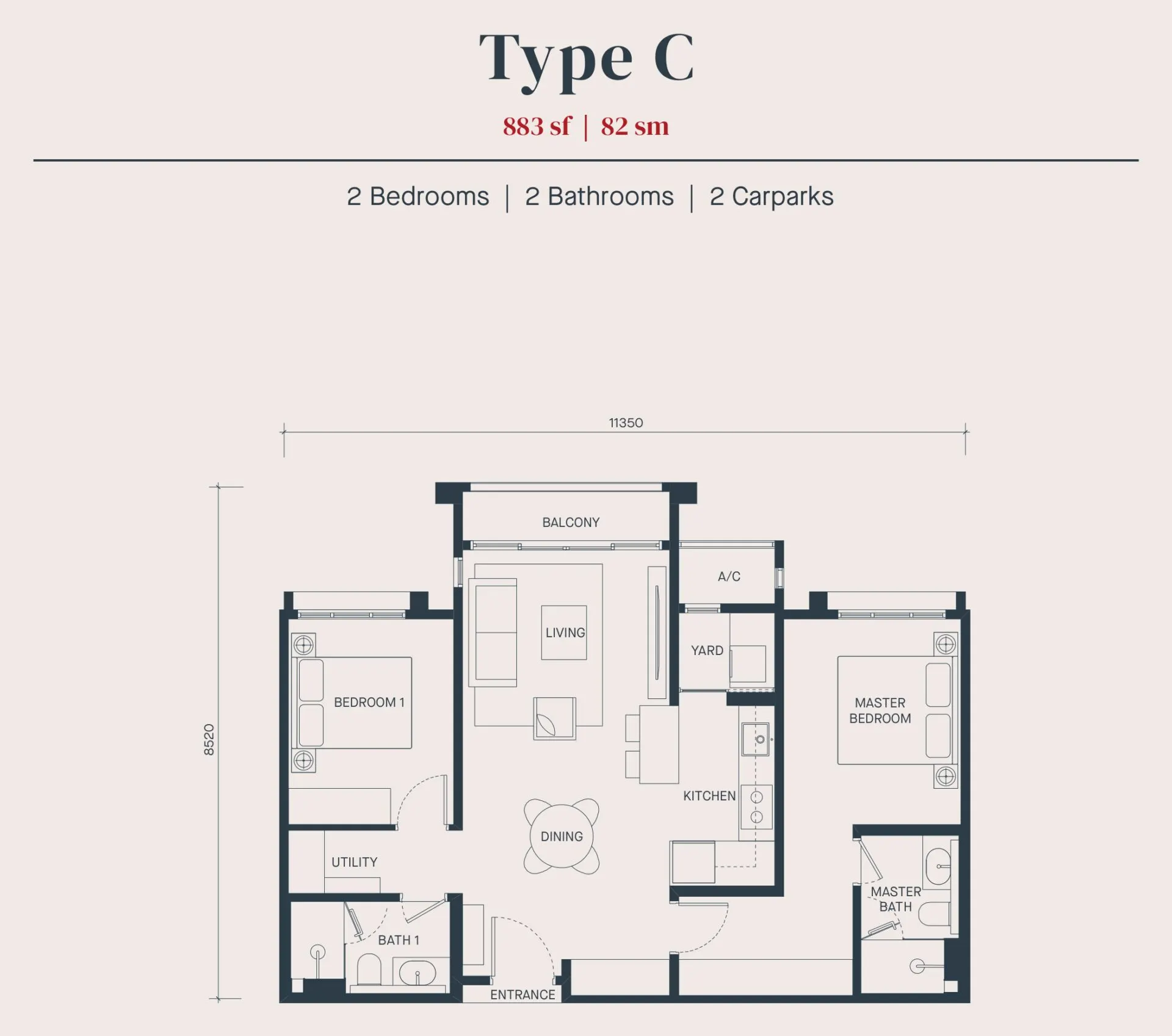 Avéa floor plan, Type C, 883 sq ft