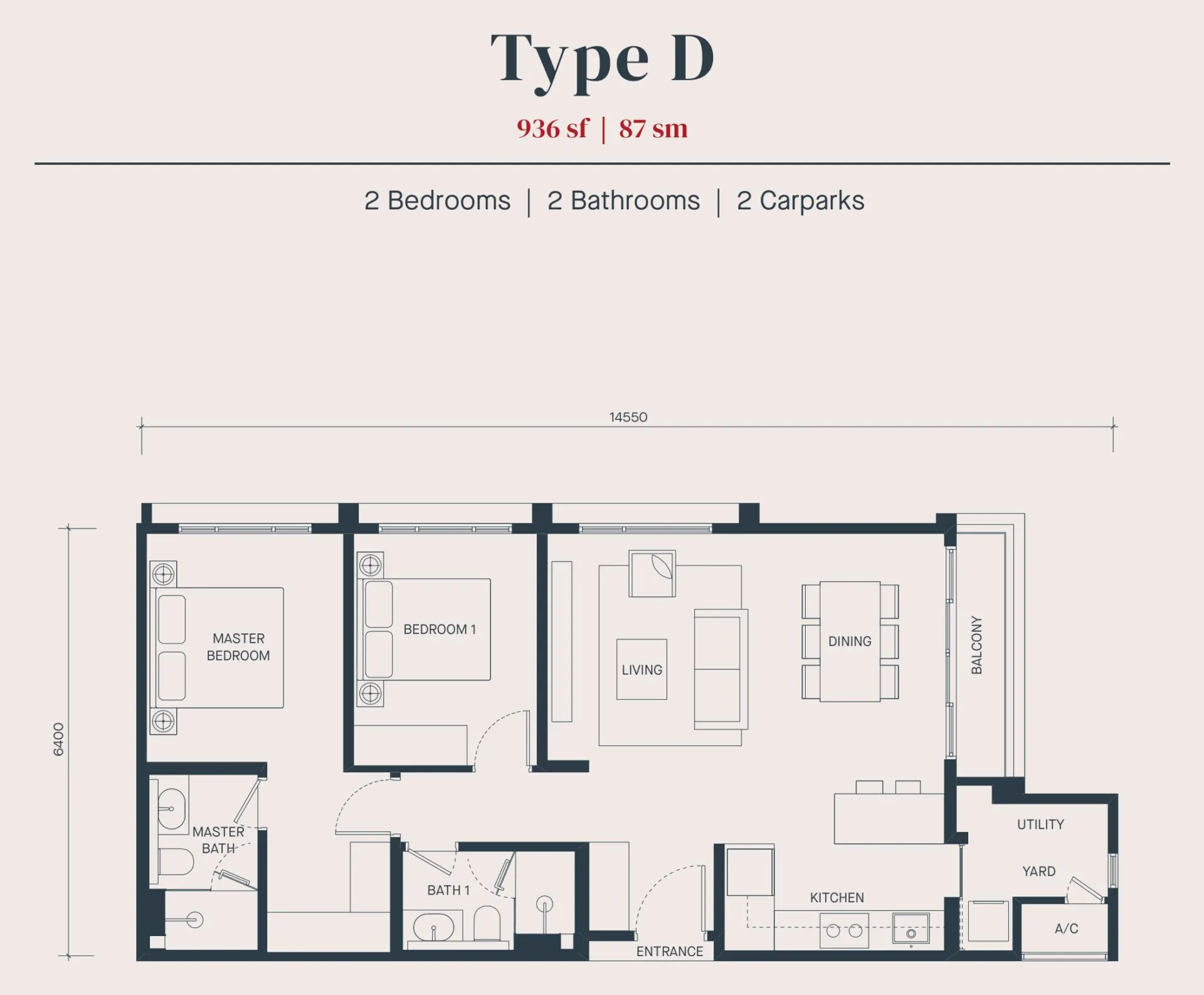 Avéa floor plan, Type D, 936 sq ft