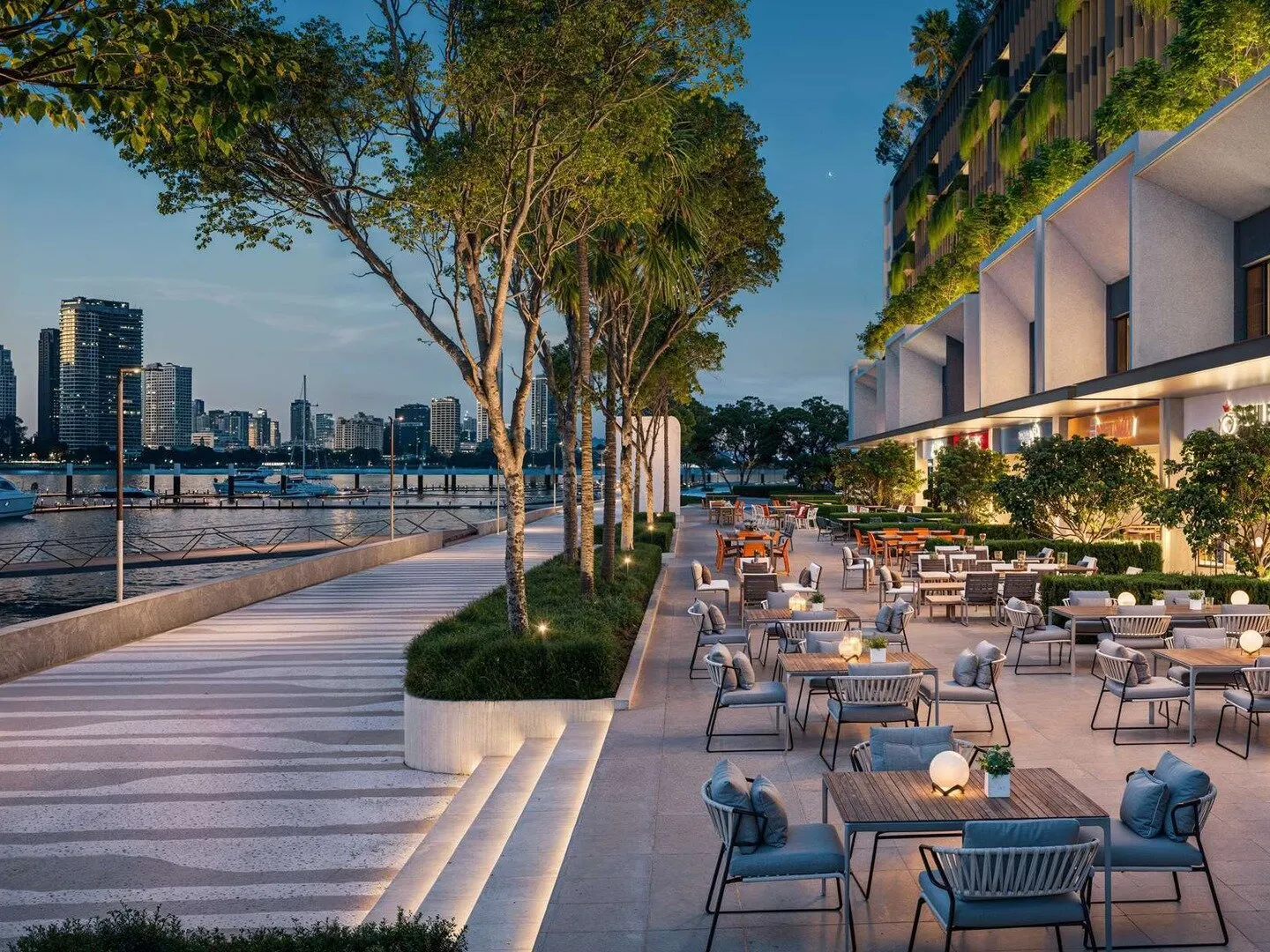 Avéa waterfront promenade with outdoor cafe seating, artist's impression