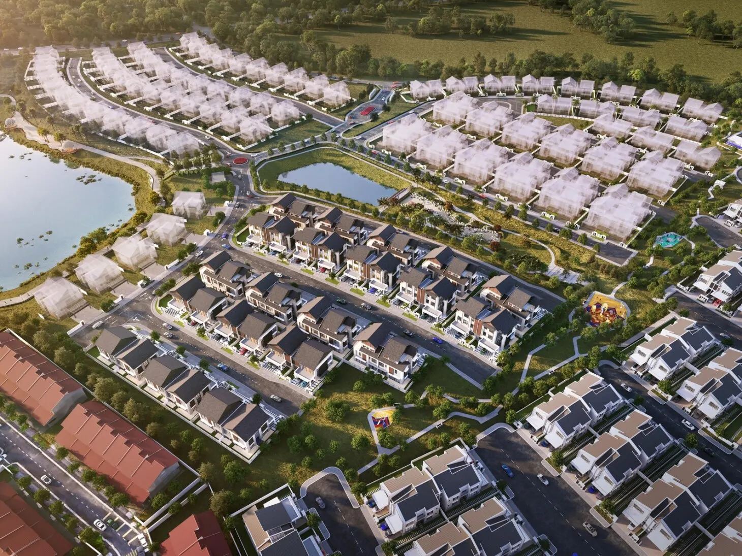 Casa D'Arcadia homes and lake from above, artist's impression