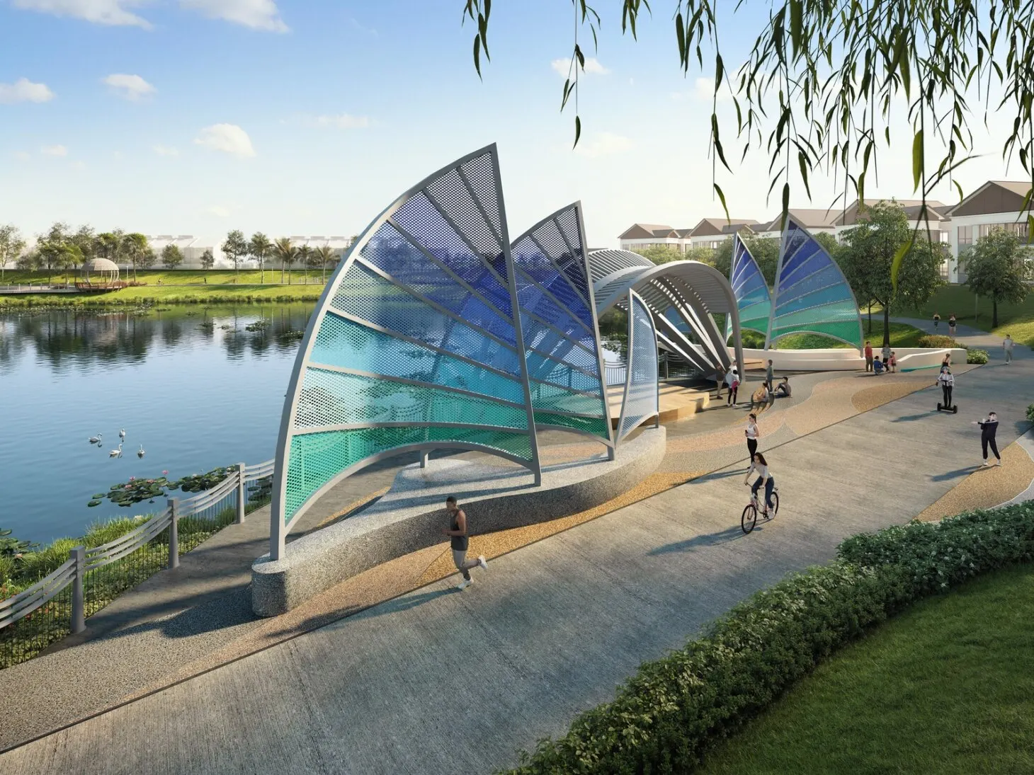 Casa D'Arcadia lakeside path with sail-shaped shelter, artist's impression