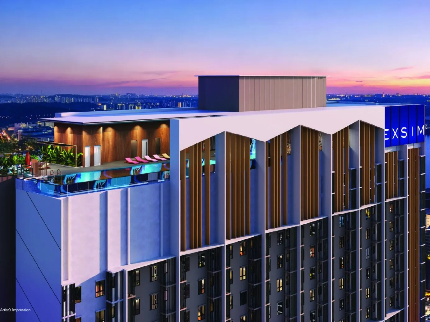 Causewayz Square Axis Level 60 rooftop pool at dusk, artist's impression