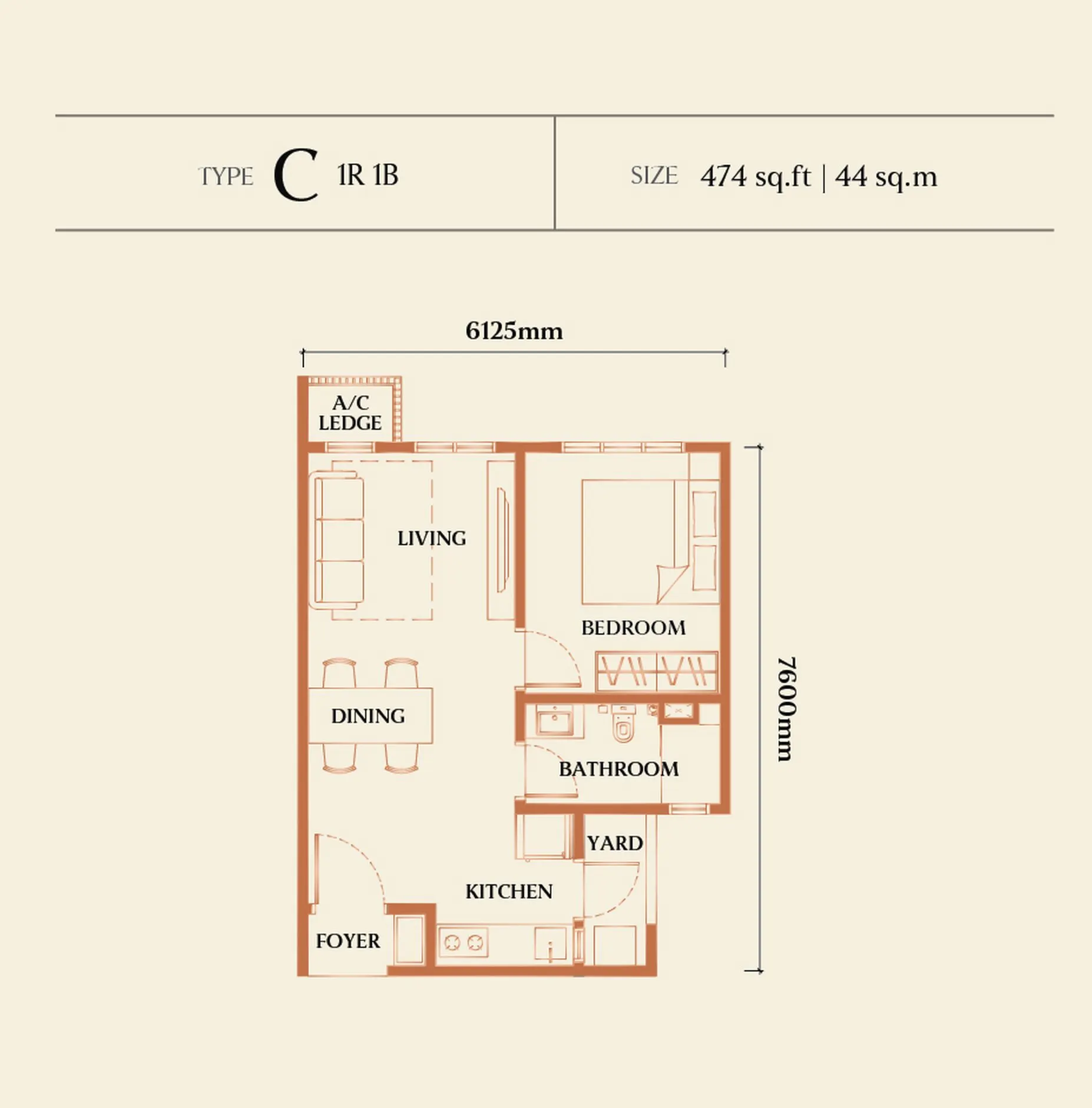Causewayz Square Brixton floor plan, Type C, 474 sq ft