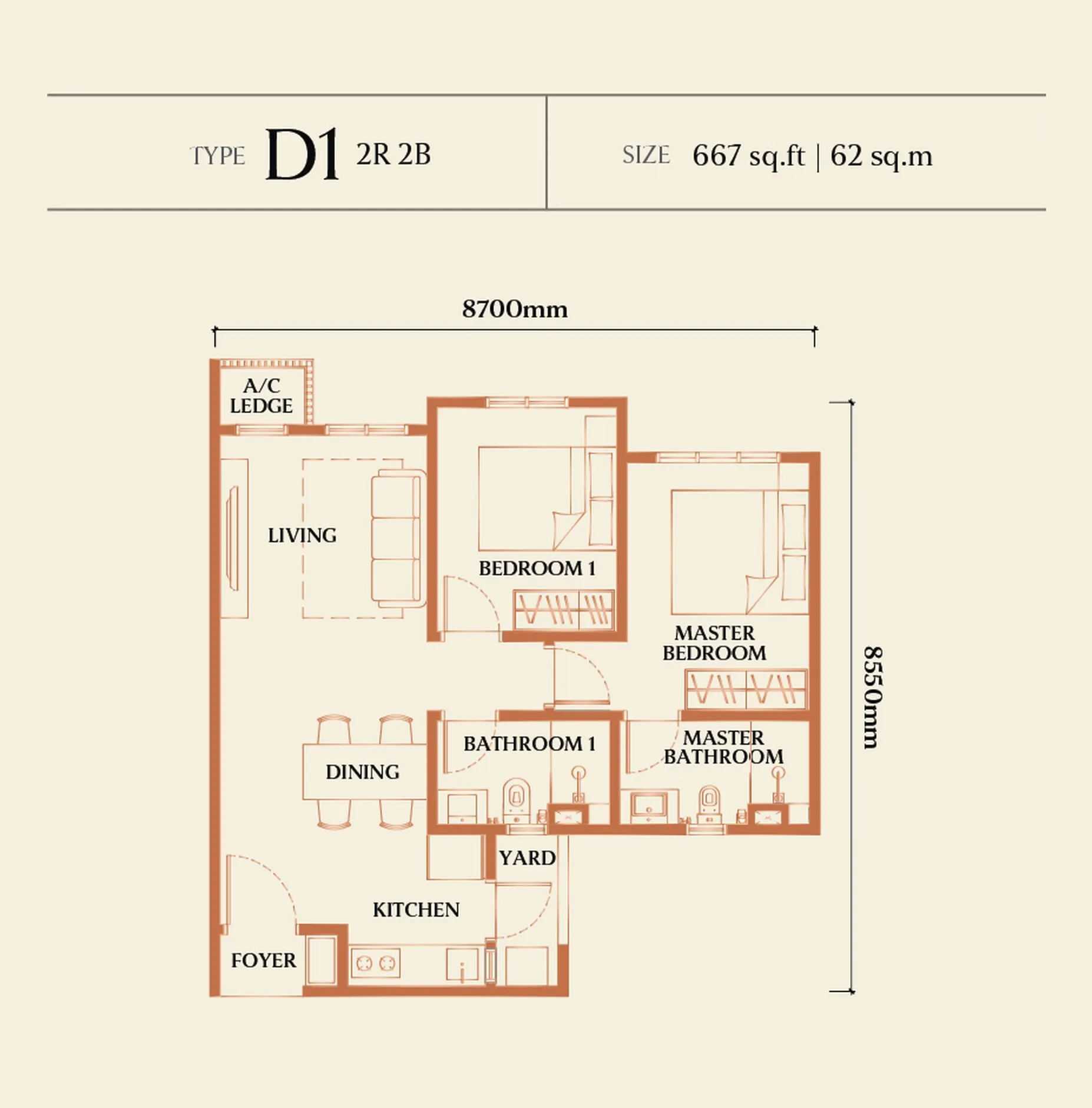 Causewayz Square Brixton floor plan, Type D1, 667 sq ft