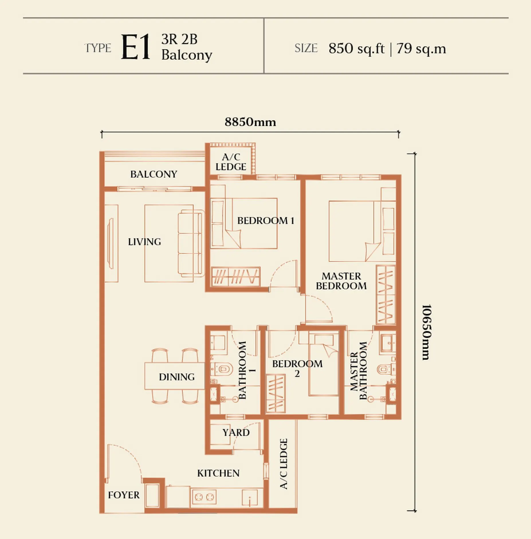 Causewayz Square Brixton floor plan, Type E1, 850 sq ft