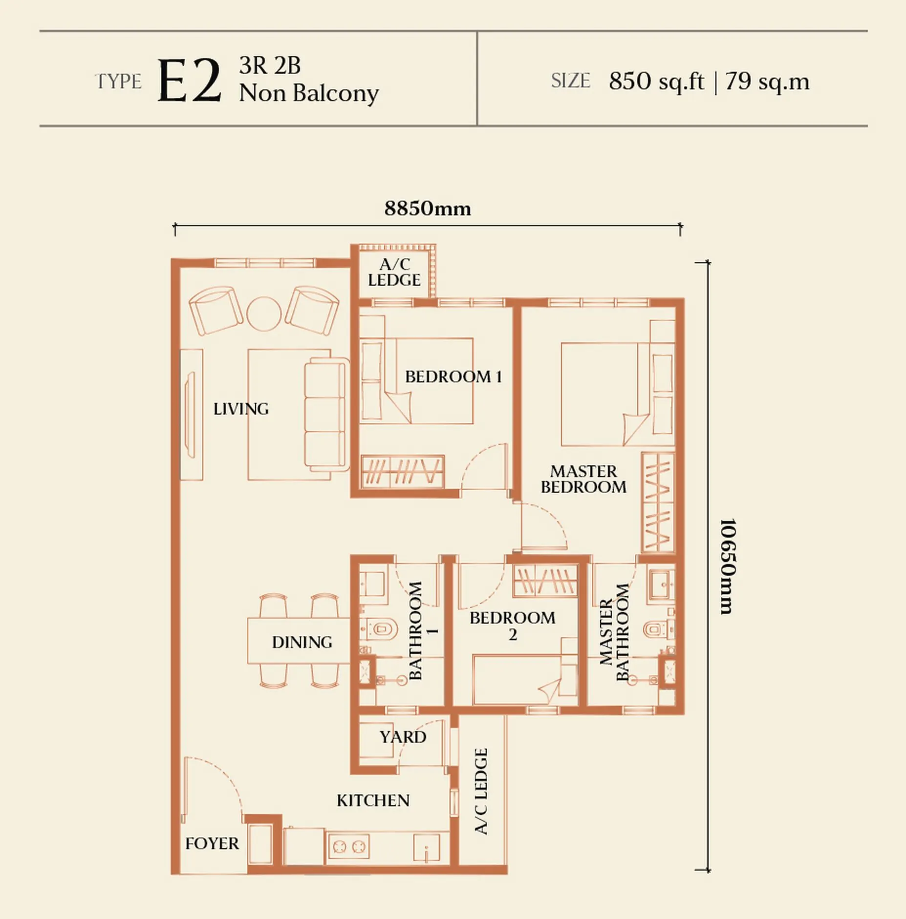 Causewayz Square Dover floor plan, Type E2, 850 sq ft