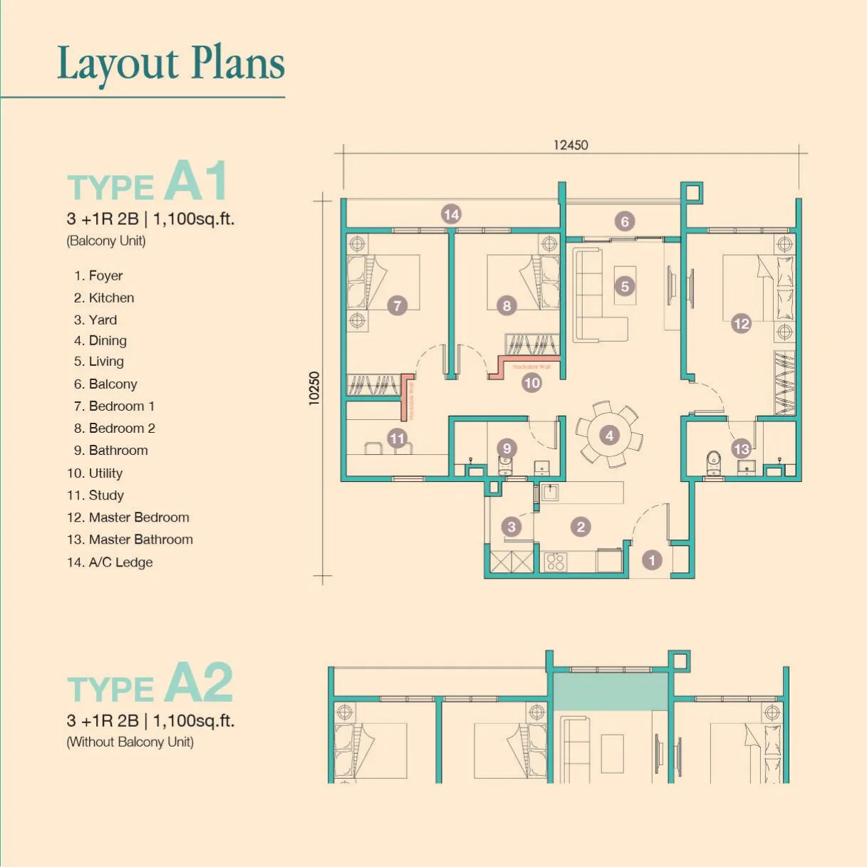 D'Tessera Residences floor plan, Type A1 / A2, 1,100 sq ft