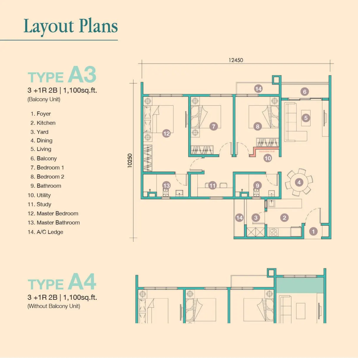 D'Tessera Residences floor plan, Type A3 / A4, 1,100 sq ft