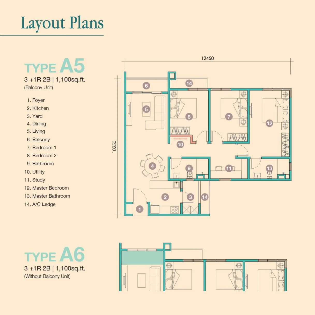 D'Tessera Residences floor plan, Type A5 / A6, 1,100 sq ft