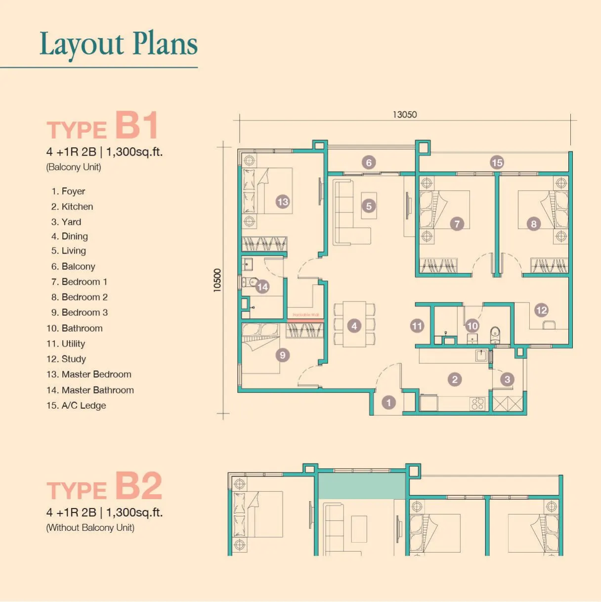 D'Tessera Residences floor plan, Type B1 / B2, 1,300 sq ft