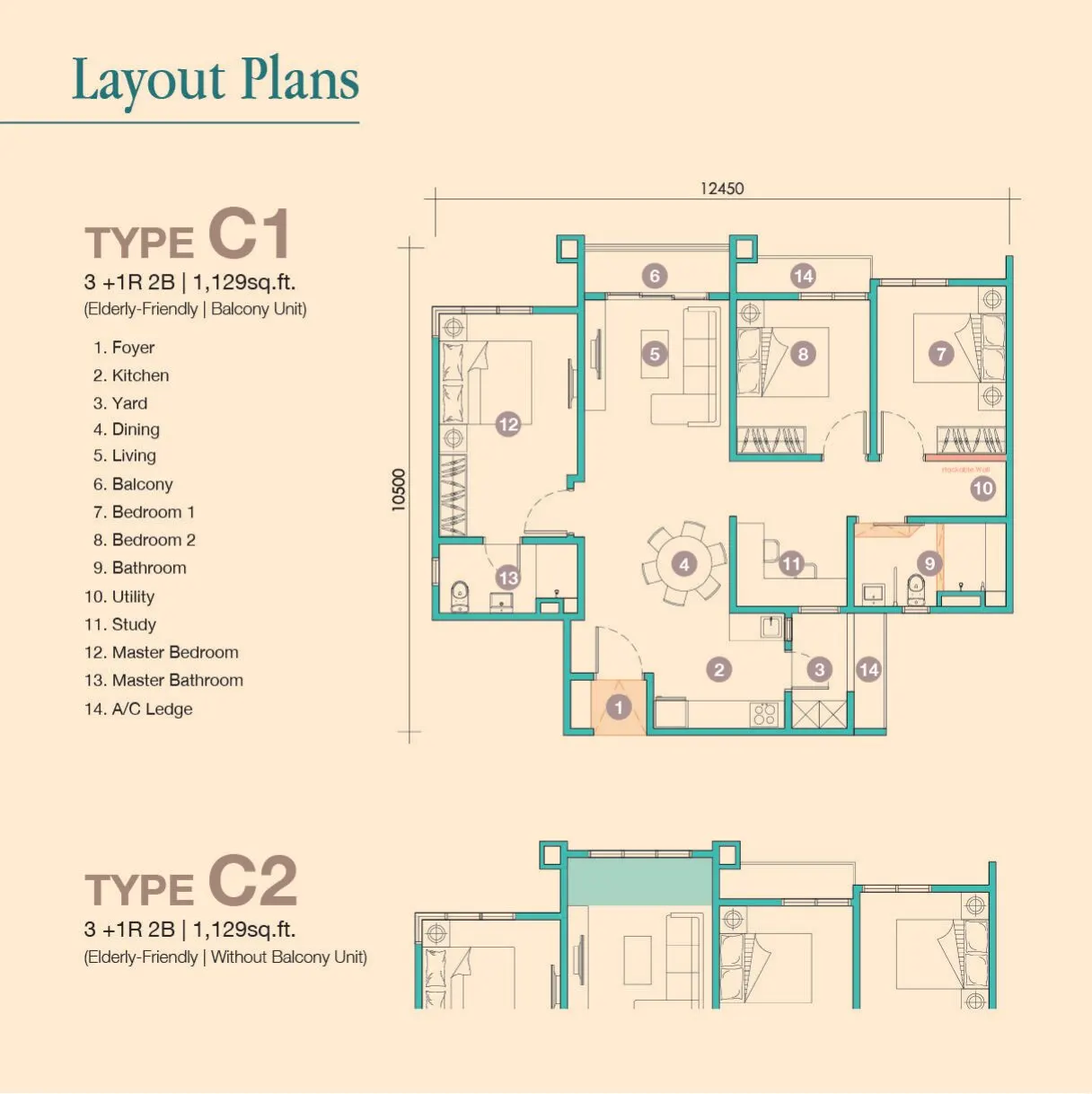 D'Tessera Residences floor plan, Type C1 / C2, 1,129 sq ft