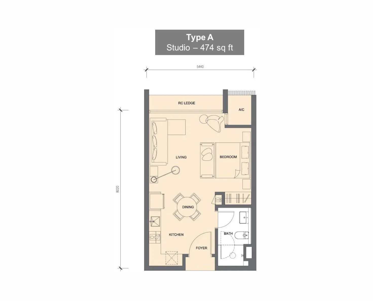Grand Medini floor plan, Type A, 474 sq ft
