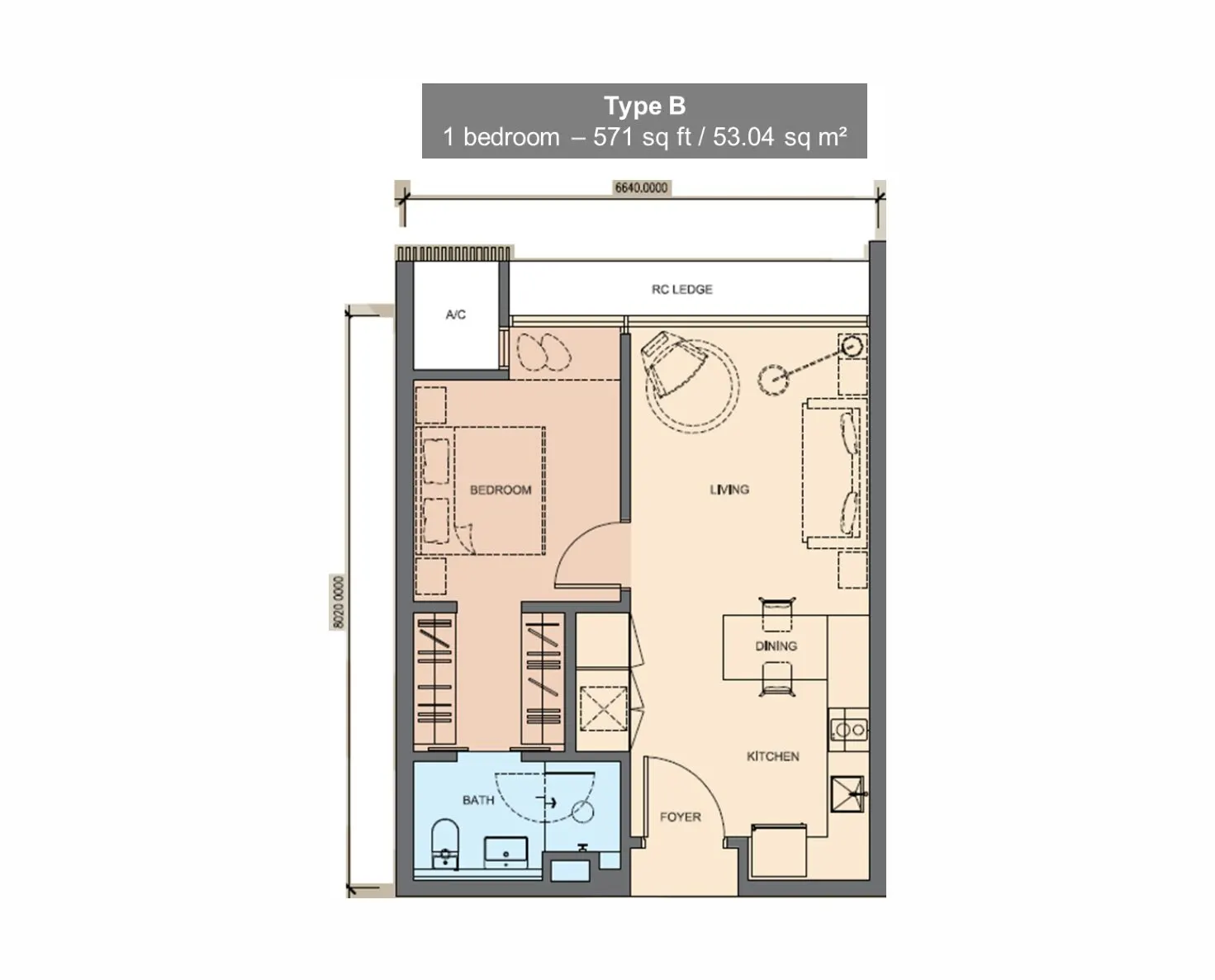 Grand Medini floor plan, Type B / B2, 571 sq ft