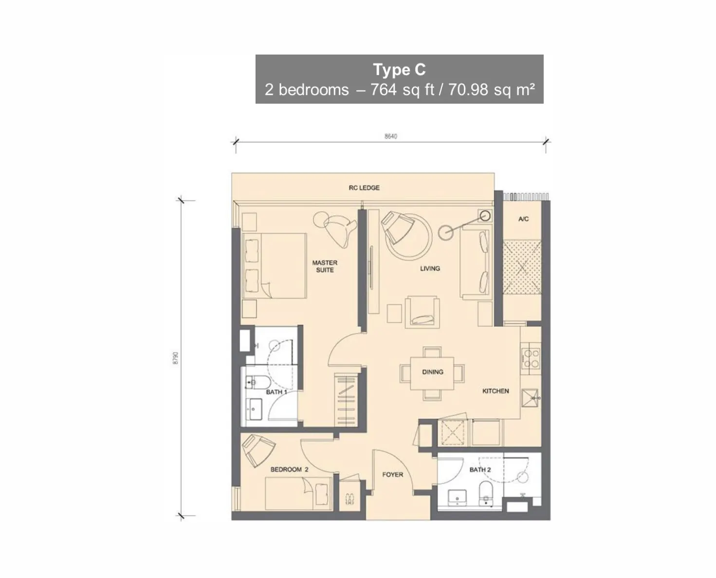 Grand Medini floor plan, Type C, 764 sq ft
