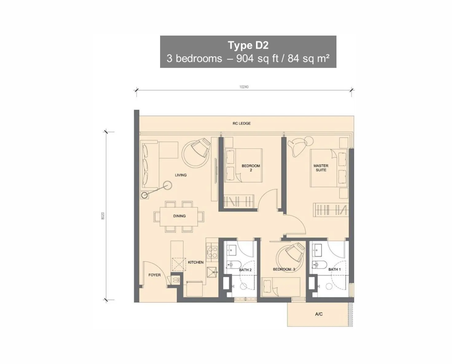 Grand Medini floor plan, Type D2, 904 sq ft