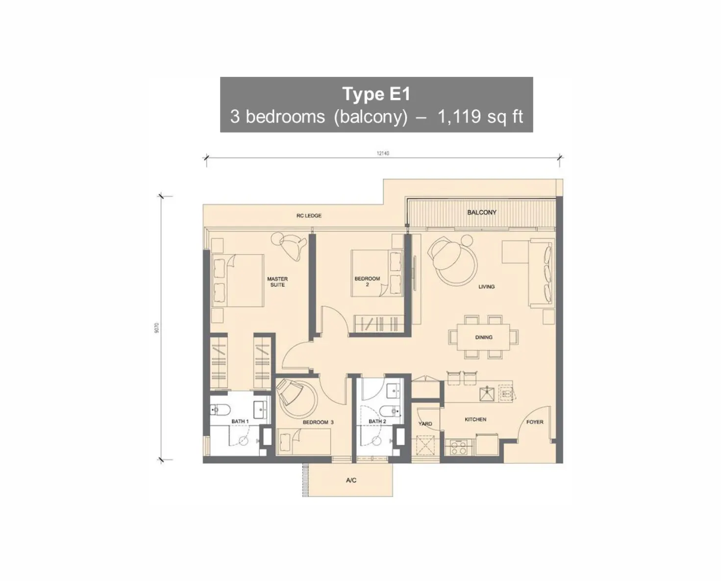 Grand Medini floor plan, Type E1, 1,119 sq ft
