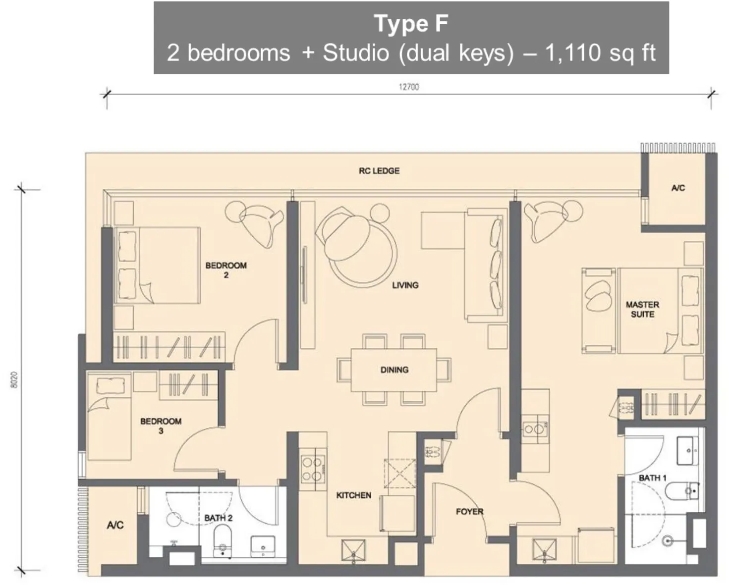 Grand Medini floor plan, Type F, 1,110 sq ft