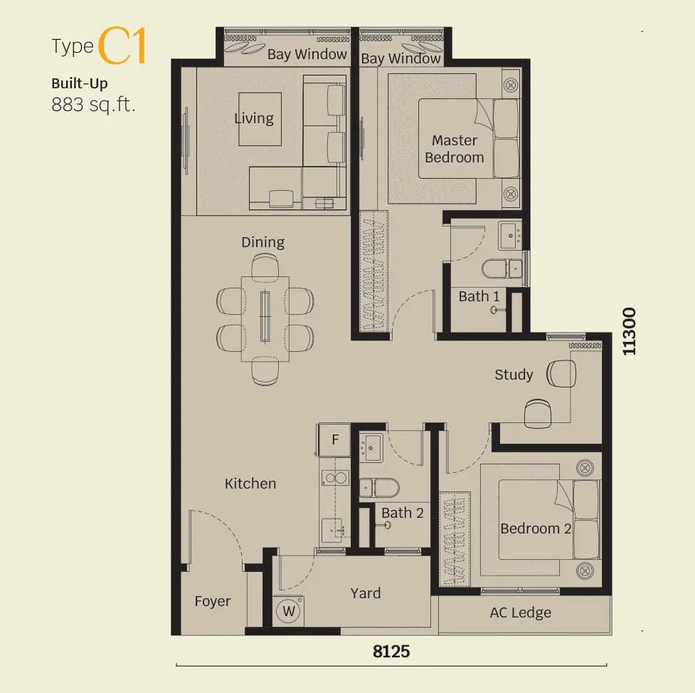 Helix 2 PJ South floor plan, Type C1, 883 sq ft