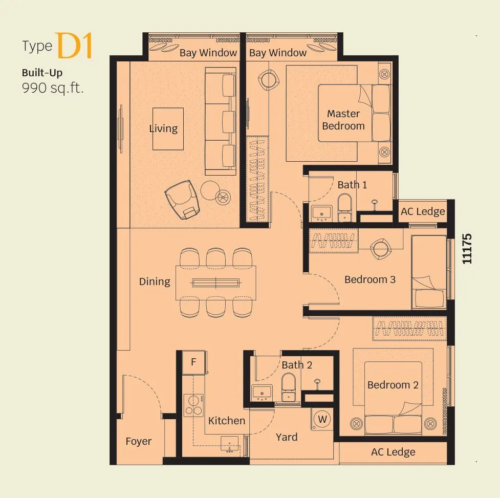 Helix 2 PJ South floor plan, Type D1, 990 sq ft
