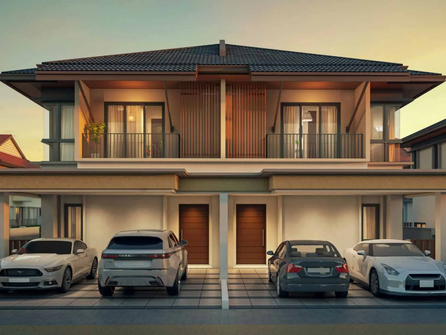 Jimbaran @ Gaia Gardens – Jimbaran 2-storey semi-detached homes at dusk, artist's impression