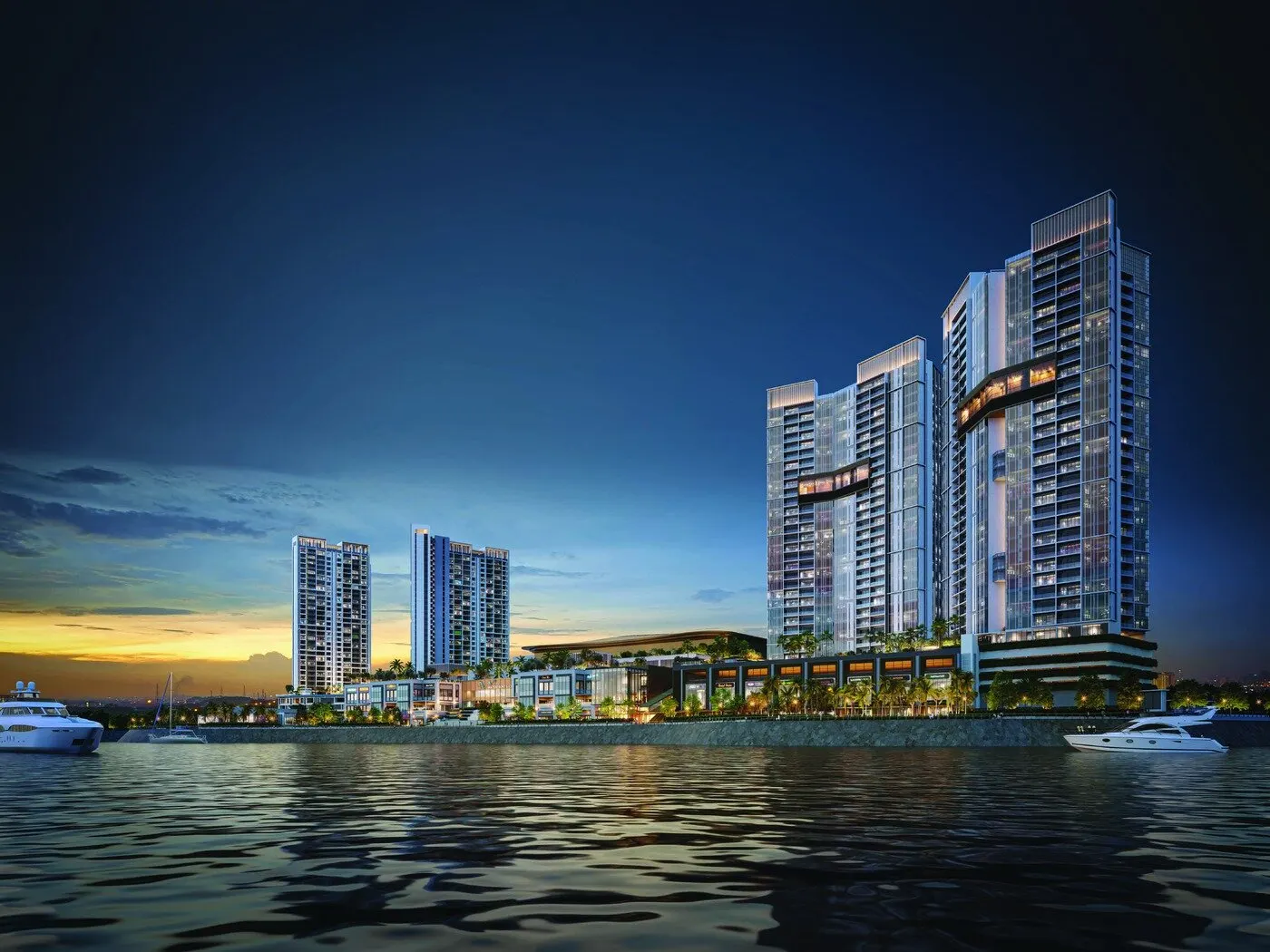 Lightwater Residences at night from the water, artist's impression