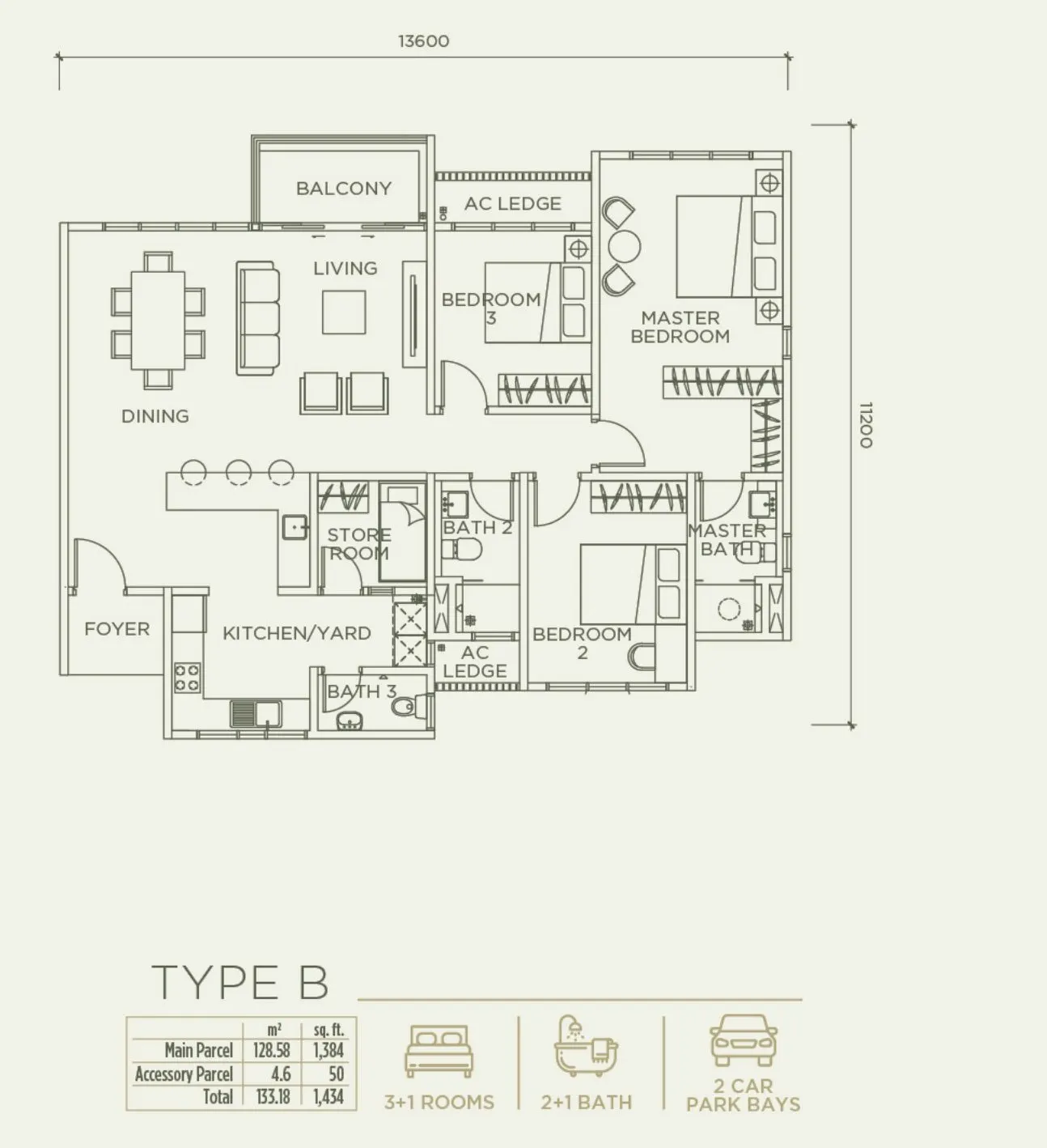 Linari Kwasa Damansara floor plan, Type B, 1,434 sq ft
